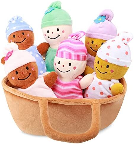 Qpewep Basket Plush Baby Dolls Soft Multicultural Sensory Babies Toy Set 6 Piece Interchangeable ... | Amazon (US)
