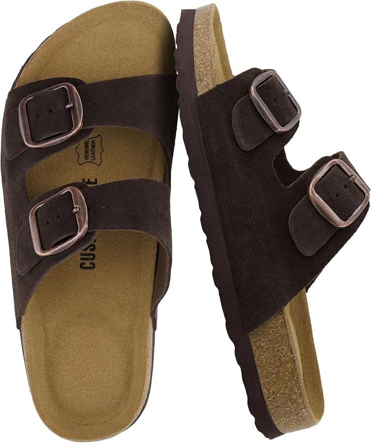 CUSHIONAIRE Logo 100% Genuine Leather Suede Slides for Women, Cushioned Cork Footbed Womens Sanda... | Amazon (US)