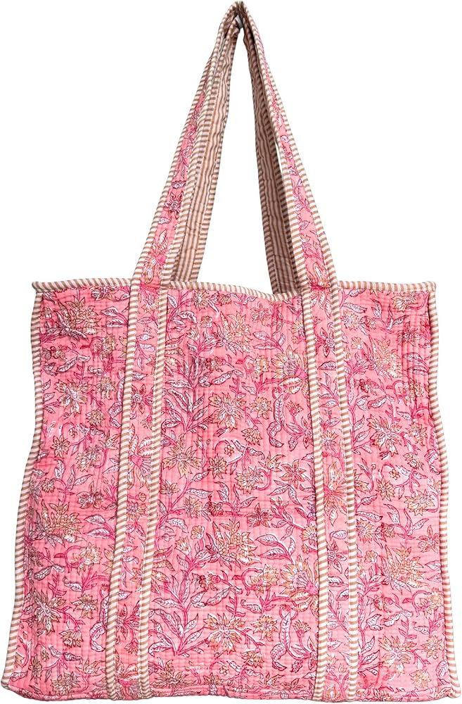 ATOSII Women Handblock Print Quilted 100% Cotton Floral Large Shoulder Tote Bag with Pocket, Zipp... | Amazon (US)