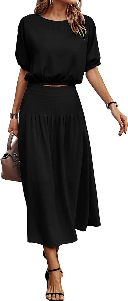ECOWISH Women's Two Piece Outfits - Summer 2 Piece Dresses 2024 Crop Tops Pleated Midi Skirt Set | Amazon (US)
