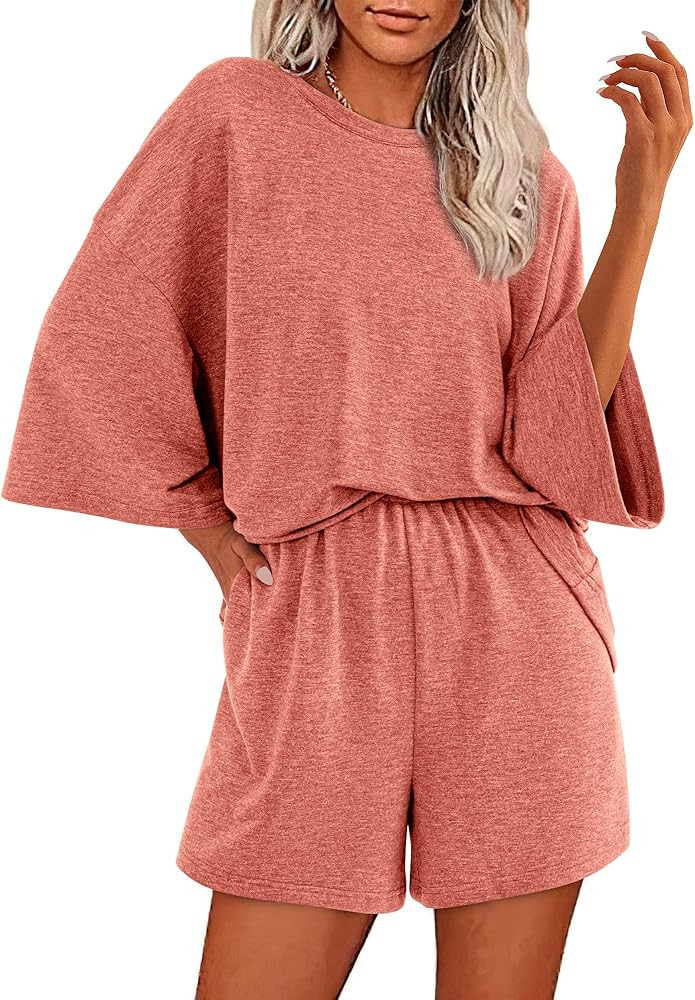 BTFBM Women Summer 2 Piece Outfits 2025 Matching Set Casual 3/4 Sleeve Tops Elastic Waist Shorts ... | Amazon (US)