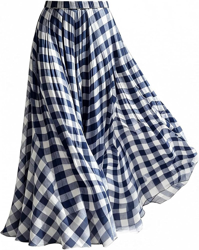 Women Plaid Gingham Long Maxi Skirts Retro Flowy A-Line Beach Skirt | Amazon (US)