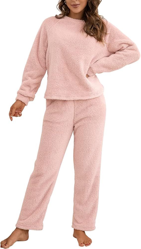 Women Sherpa Fleece Pajamas Set Loungwear Long Sleeve Warm Fuzzy 2 Piece Outfits | Amazon (US)