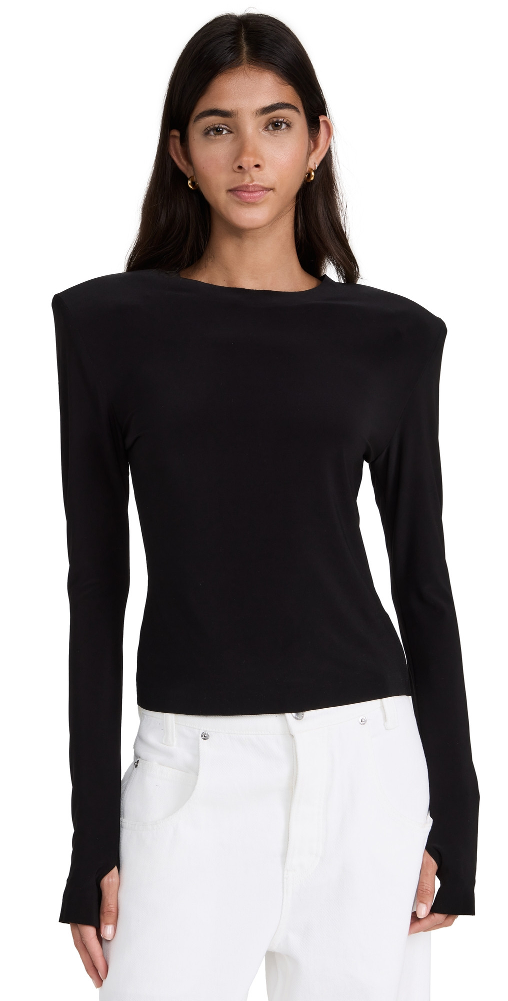 Norma Kamali Shoulder Pad Long Sleeve Crew Top Black S | Shopbop