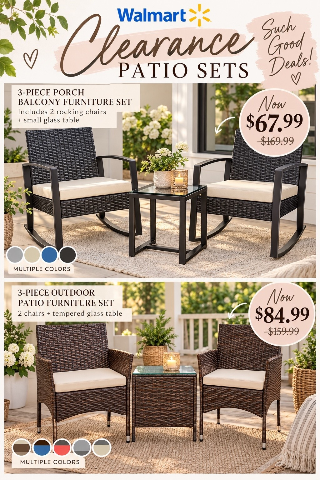 Walmart patio furniture clearance 🤎 These 3-piece outdoor patio furniture sets are such a good Walmart deal right now! Perfect for a small patio, front porch, balcony, deck or backyard seating area. The 3-piece rocking chair patio set is just $67.99, and the 3-piece wicker patio furniture set is $84.99. Such cute affordable outdoor furniture, patio chairs, and small-space outdoor seating for fall! ✨

#LTKHome #LTKSeasonal #LTKSaleAlert