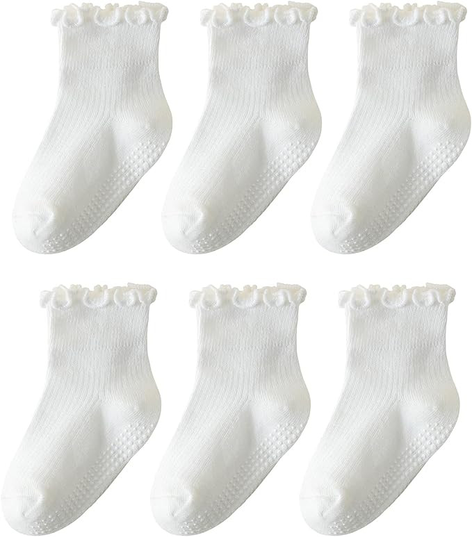 6 Pairs Toddler Ruffle Socks for Girls - Baby Grip Socks with Non-Slip, Cute Grippy Frilly Design | Amazon (US)