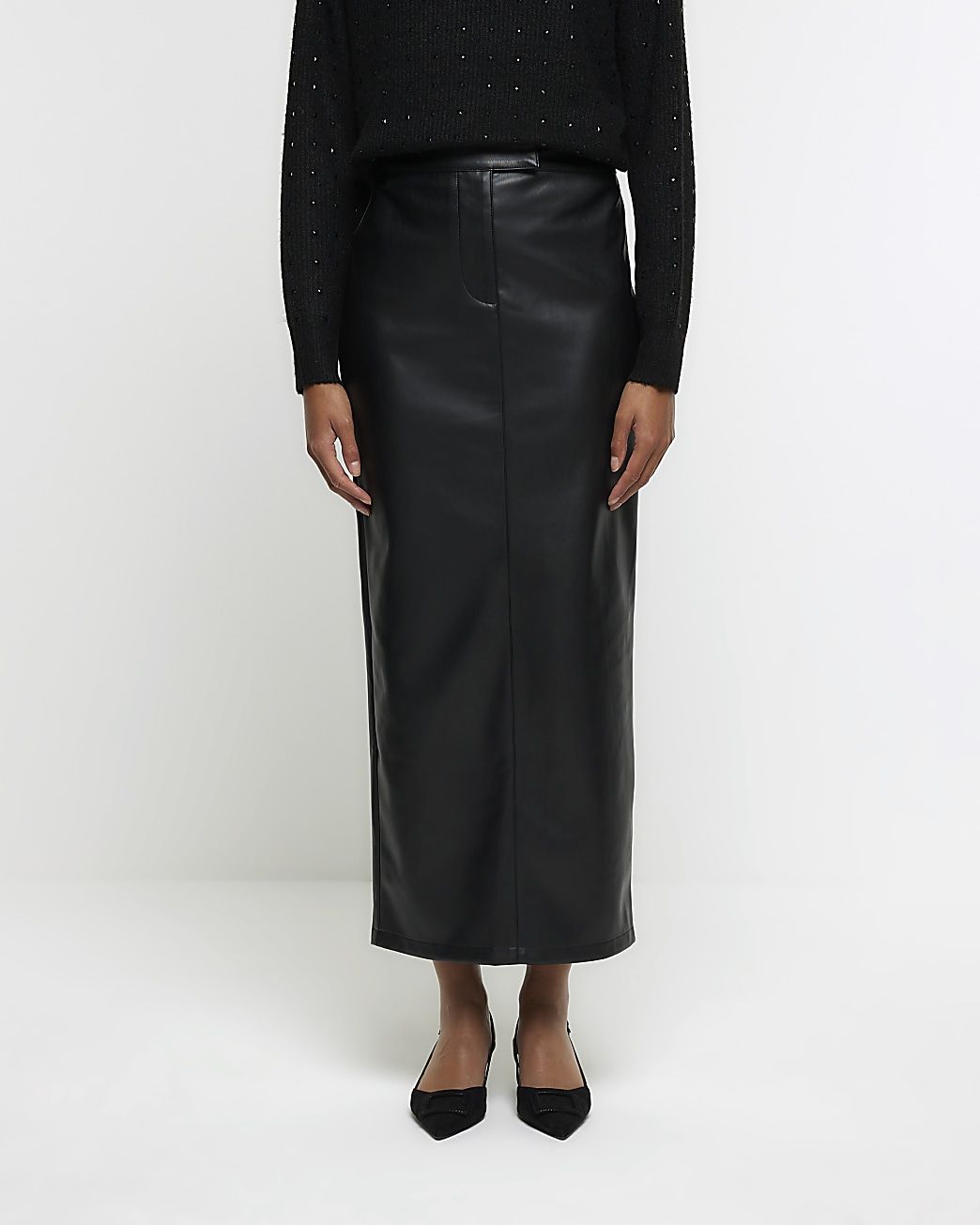 Black faux leather tailored midi skirt | River Island (UK & IE)