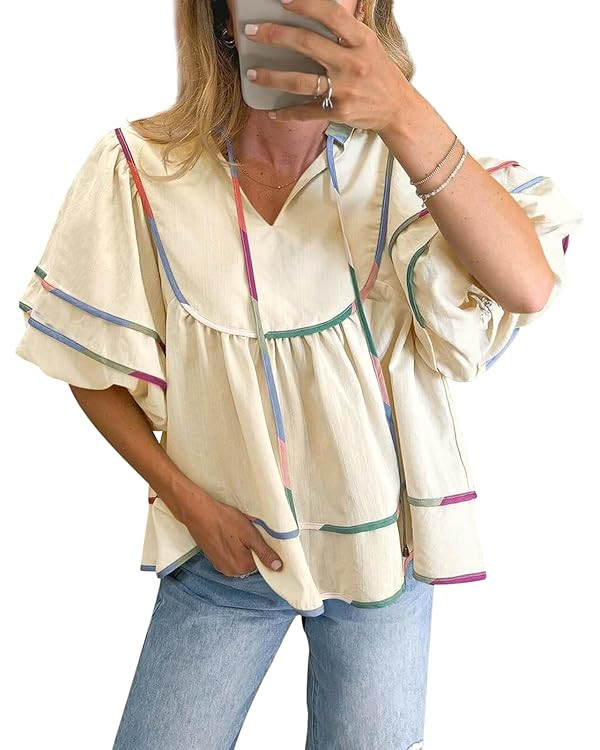 Cicy Bell Womens Summer Babydoll Tops V Neck Short Lantern Sleeve Shirts Cute Loose Fit Peplum Fl... | Amazon (US)