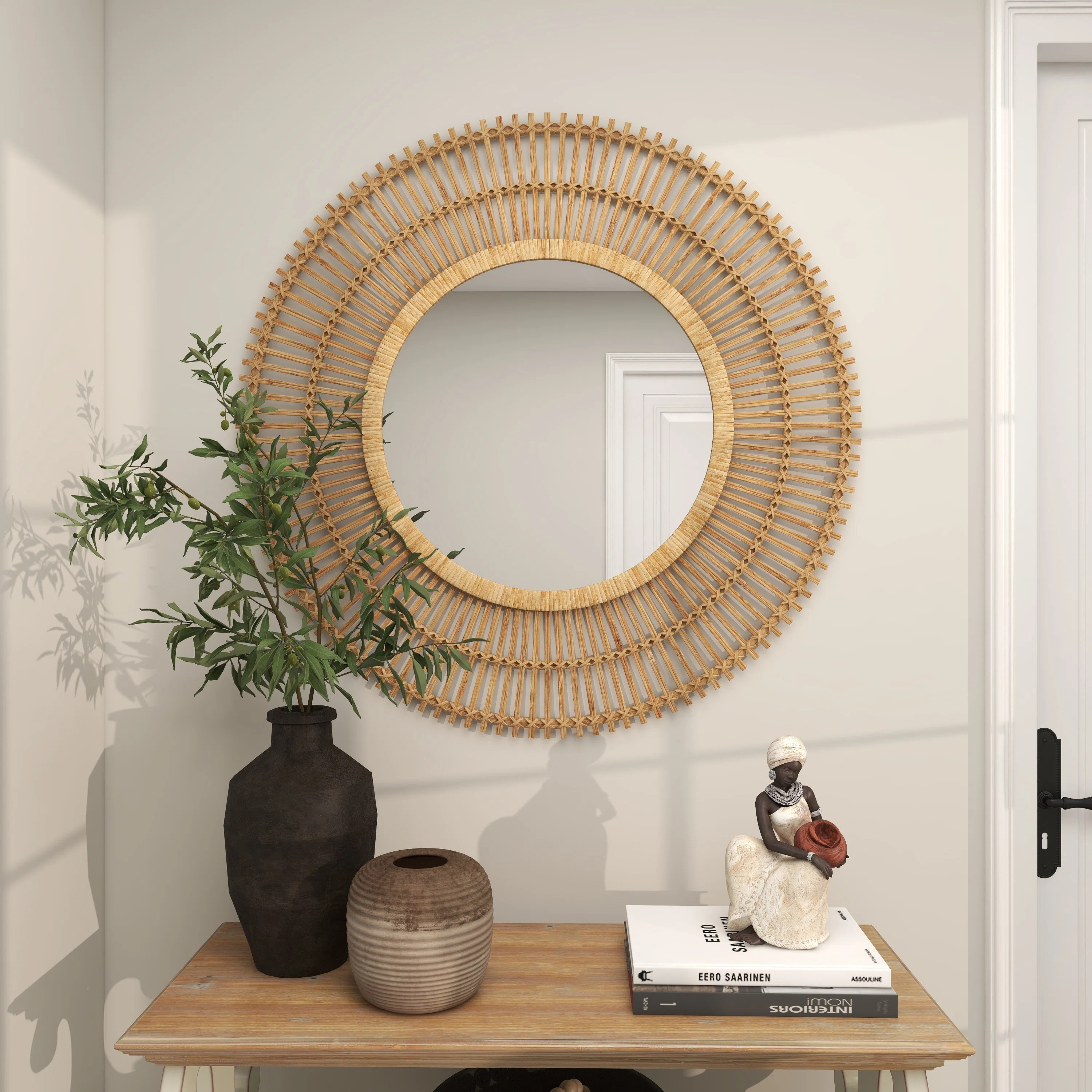 Round Bamboo Wood Handmade Wrapped Starburst Room Wall Mirror | Wayfair North America