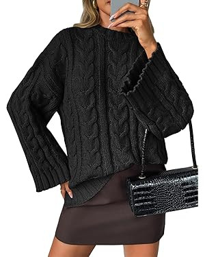 Saodimallsu Womens Oversized Sweaters Cable Knit Bell Batwing Sleeve Crew Neck Fall Winter Chunky... | Amazon (US)