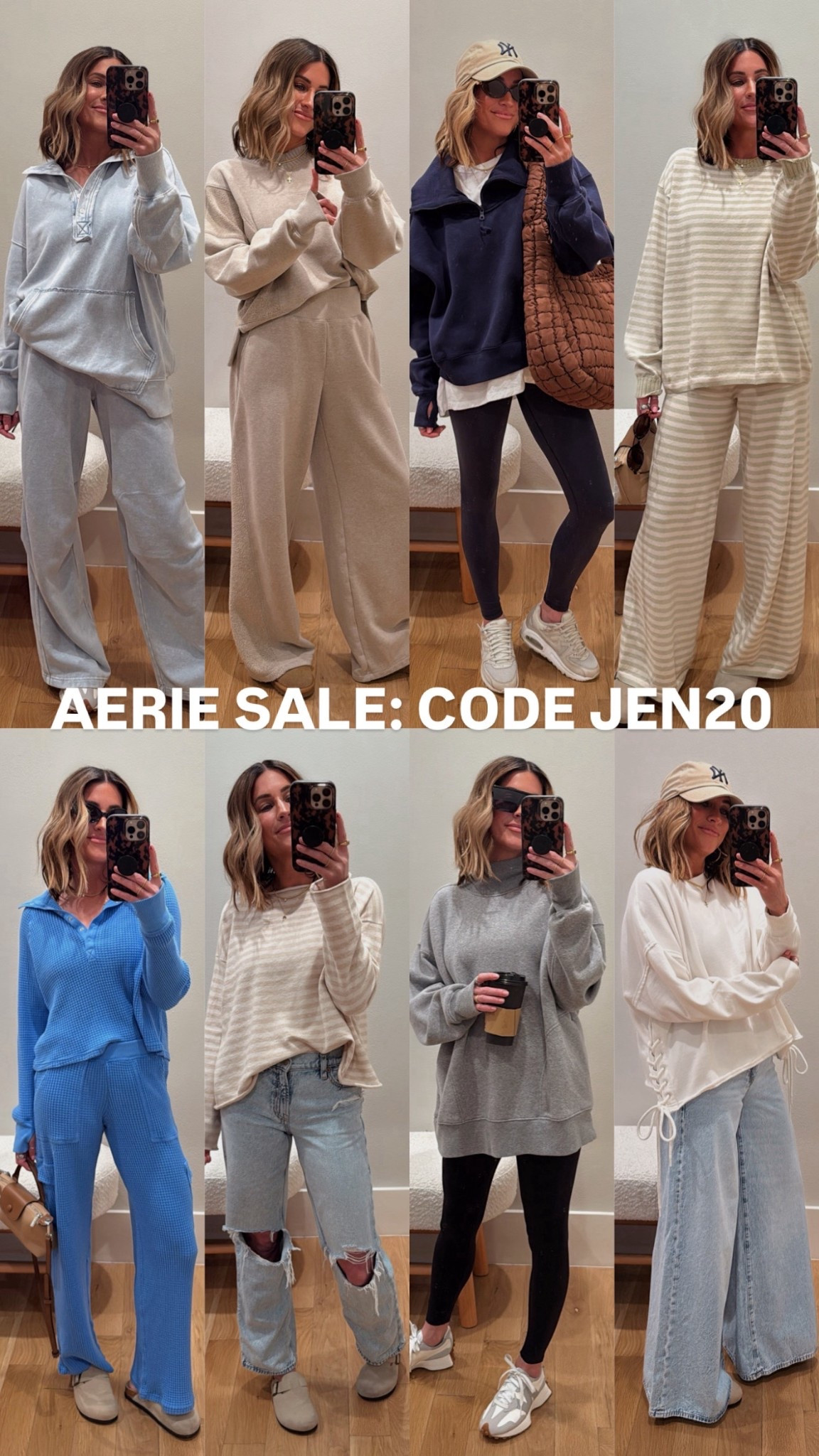 Aerie new arrivals and they’re on SALE with my code JEN20 🤩🙌🏼 everything is so comfy, cozy, and perfect to take you into spring!! 😍 
Sizing 👇🏼 
Small in light blue sweatshirt (if in between, could size down), navy zip up, grey mock neck, and blue waffle top (if in between, would size up in this one) 
xs in everything else, all true to size! 


#LTKActive #LTKgrwm #LTKSaleAlert