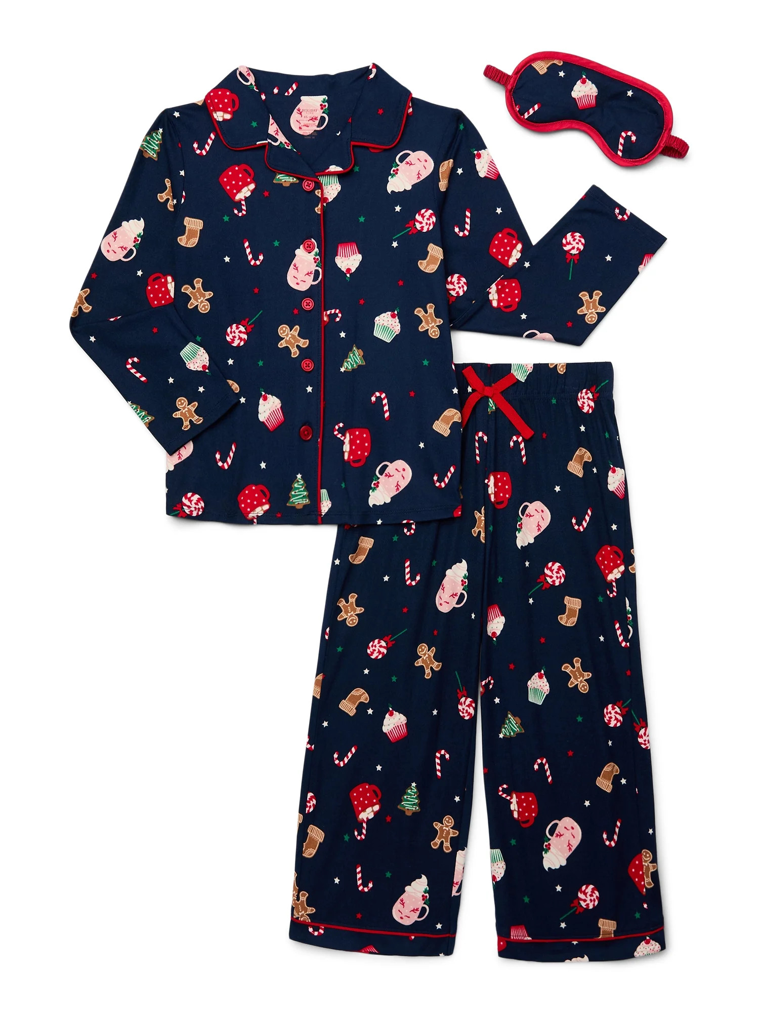 Holiday Time Girls Button Front Pajama Set with an Eye Mask, 3-Piece, Sizes 4-18 & Plus - Walmart... | Walmart (US)