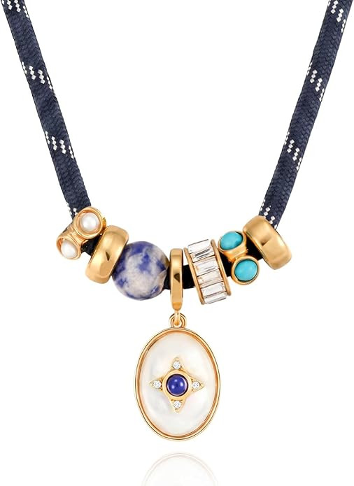 Statement Cord Rope Necklace - Chunky Blue Heart/Gold Shell/Pearl Charm Necklace, Natural Stone Z... | Amazon (US)