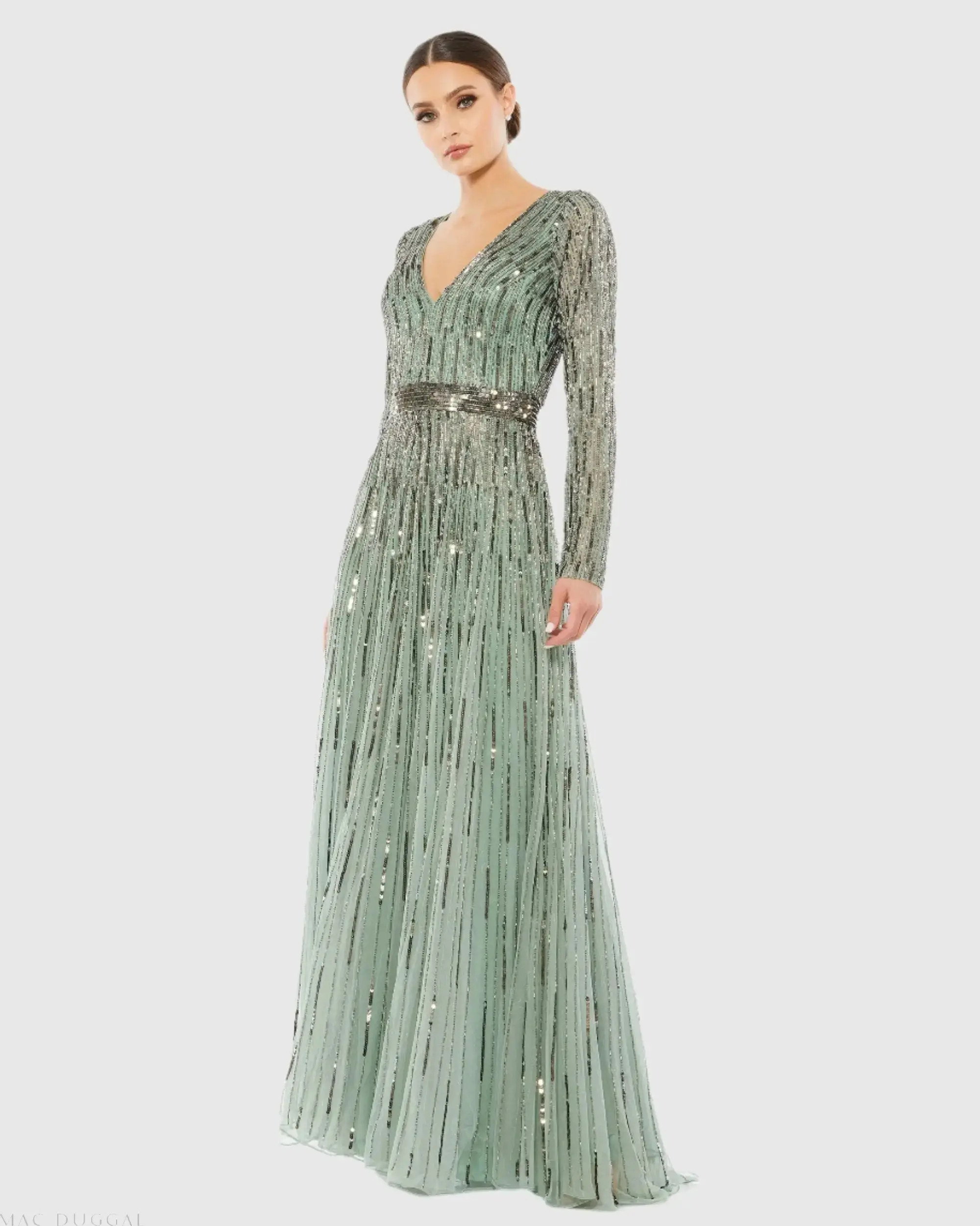 Sequined Long Sleeve Plunging V-Neck Gown | Mac Duggal