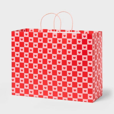 Large Valentines Day Checkered Hearts Gift Bag Red/Pink - Spritz™ | Target