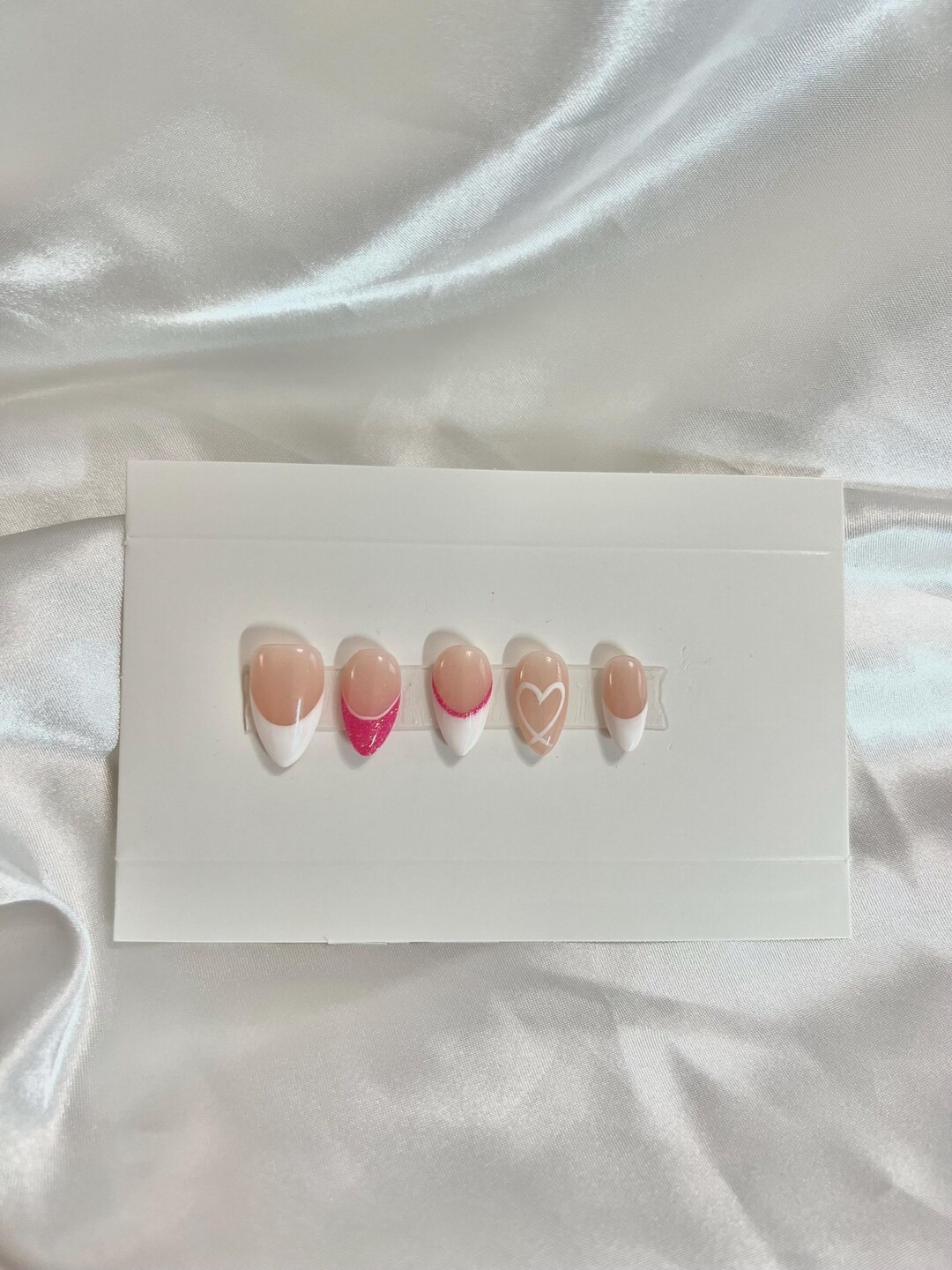 Luxury Hand Painted Press on Nails Pink Glitter French Tip Hearts Valentines Day - Etsy | Etsy (US)