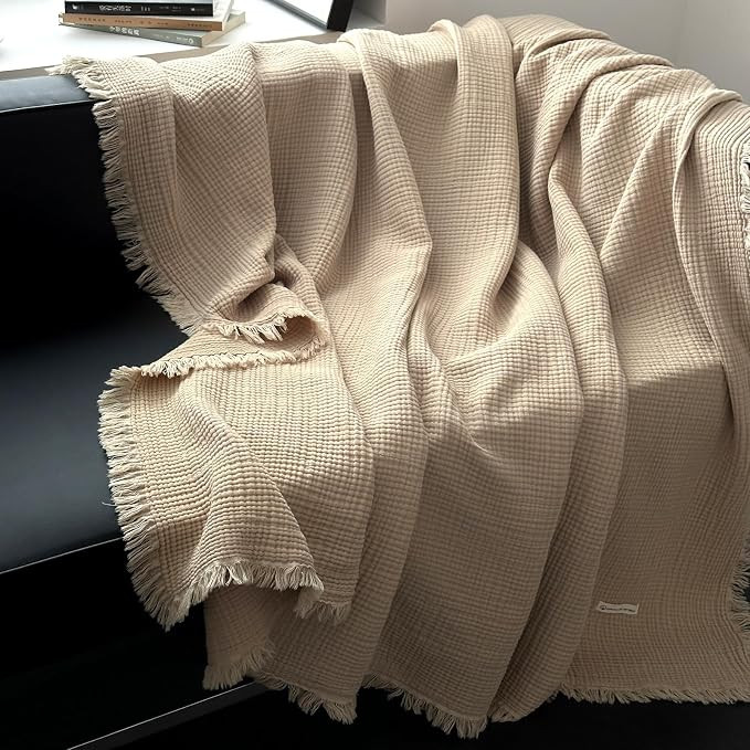 100% Cotton Muslin Throw Blanket with Fringes 50"x60", 4-Layer Gauze Blankets for Adults, Boho Be... | Amazon (US)