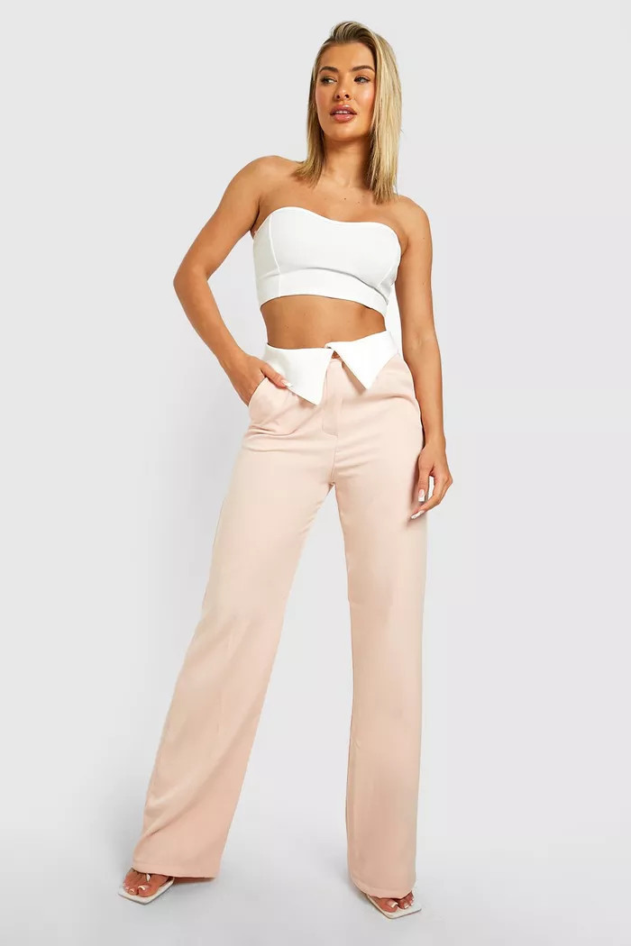 Folded Waist Tailored Straight Fit Trousers | Boohoo.com (UK & IE)