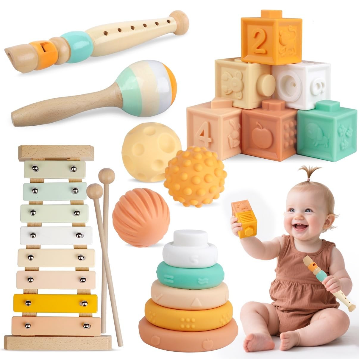Baby Toys Montessori Toys for Babies, Wooden Musical Instruments Toy Stacking Building Blocks, In... | Amazon (US)