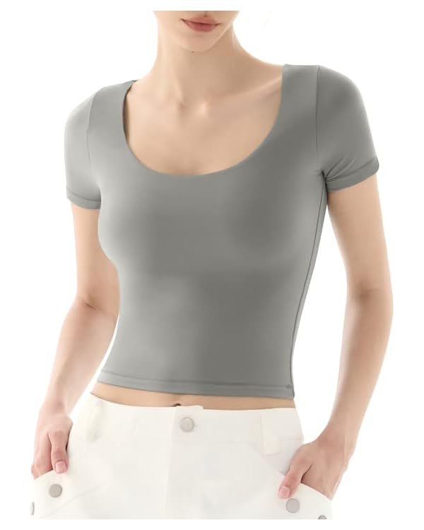 PUMIEY Women's Scoop Neck Short Sleeve T Shirt Slim Fit Sexy Tops Smoke Cloud Collection | Amazon (US)