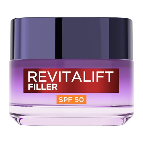 L’Oréal Paris Revitalift Filler Deep Replumping Anti-Ageing SPF50 Cream, UV Protection, Moisturising, Intensely Hydrates and Smooth Wrinkles with Macro, Micro and Micro-Epidermic Hyaluronic Acid, 50ml | Amazon (UK)