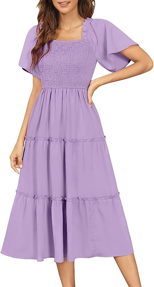 Zattcas Womens Smocked Flutter Sleeve Dress Square Neck Ruffle Tiered Midi Dress | Amazon (US)