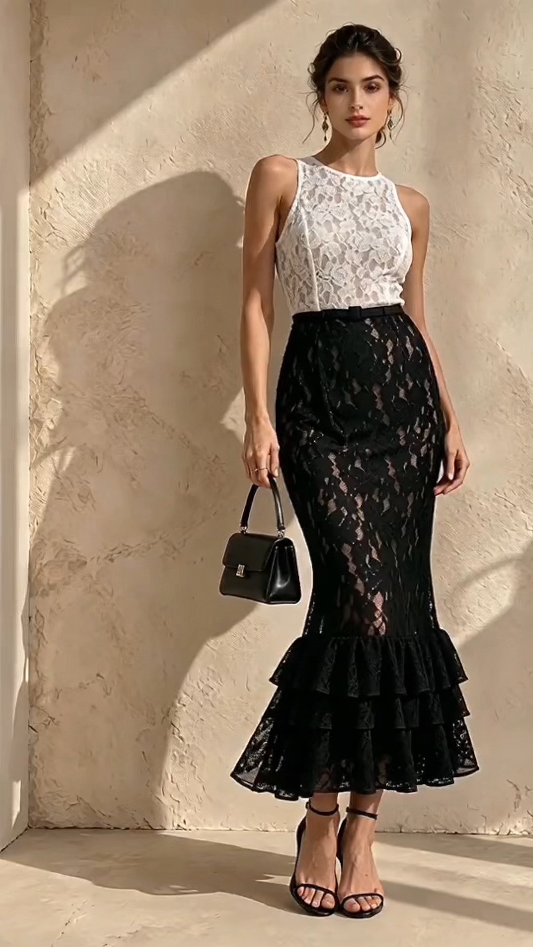 White & Black Contrast Lace Sleeveless Mermaid Midi Dress | Perfect For Cocktail Parties, Wedding Guest Events And Formal Evening Occasions 

 #LTKootd #LTKOver40 #LTKWedding