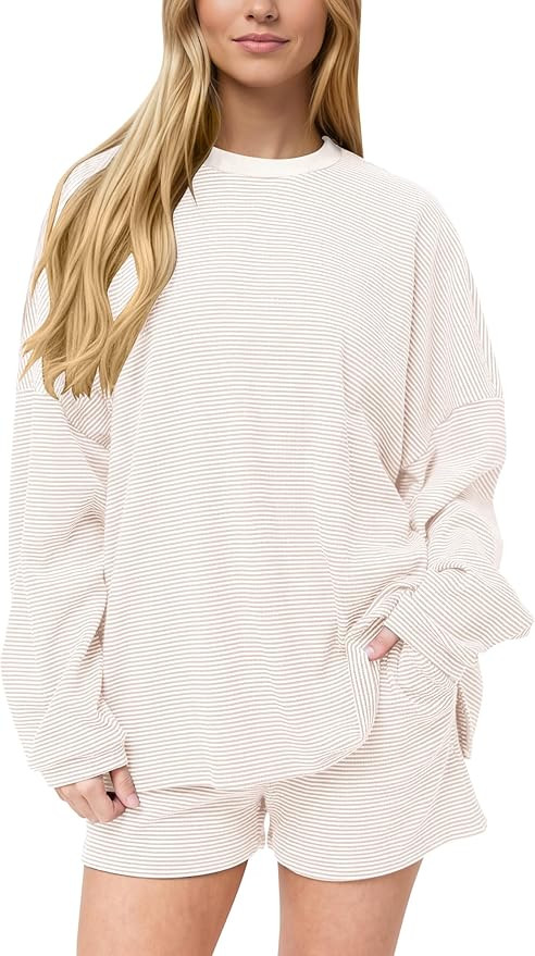 MISSACTIVER Women's Striped Lounge Set Long Sleeve Tee Shirts Drawstring Wide Leg Shorts Matching... | Amazon (US)