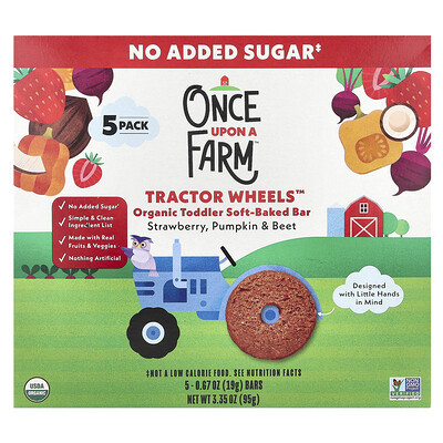 Once Upon A Farm, Organic Toddler Soft-Baked Bar, Tractor Wheels™, Strawberry, Pumpkin & Beet , 5 Bars, 0.67 oz (19 g) Each | iHerb