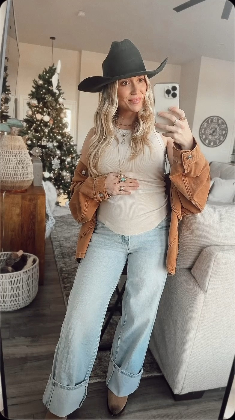 Western Maternity Outfit ✨
This look is maternity friendly and perfect for fall! Wearing my light-wash wide leg jeans, a cream basic tank, and a barn jacket from Free People (25% off right now!). Paired it with my Teddy Cattleman cowgirl hat from Gigi Pip for that  boho-western vibe. 🤎🤠

All maternity friendly + sharing similar options from PinkBlush on LTK!
#pregnancyoutfit #maternitystyle #pinkblushmaternity #westernstyle #bohofashion #freepeoplejacket #gigisiphat #ltkinfluencer #outfitinspo



#LTKHoliday #LTKdayinmylife #LTKBump