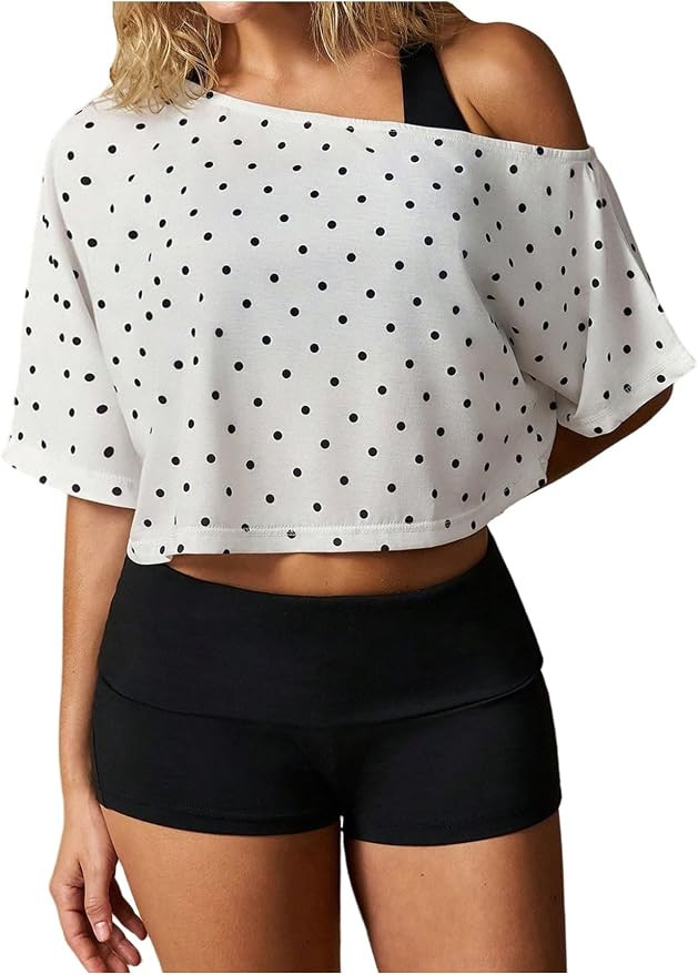 Floerns Women's Polka Dots Workout Tops Off The Shoulder Sport Athletic Pilates Yoga Tee | Amazon (US)