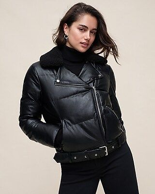 Faux Leather Fur Collar Belted Hem Puffer Moto Jacket | Express