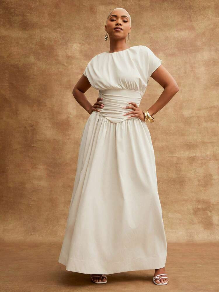 Vixey Solid Woven Round Neck Ruched Drop Waist Maxi Dress | SHEIN
