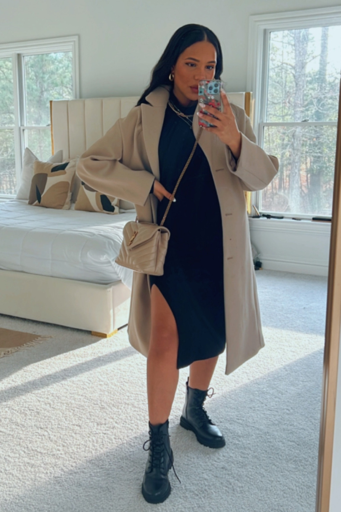 Maternity friendly and bump friendly outfit! None of these pieces are maternity pieces but stretch to a comfortable fit even with a bump. Wearing S in all pieces, and currently on my 28th week. Absolutely love how comfortable this sweater skirt is.  amazing! Currently on sale at EXPRESS. Camel coat is H&M, paired with combat boots and my YSL tan bag. Tagging exact bag and similar coat since mine is sold out, as well as a higher end version of my coat  

#LTKbump #LTKFind #LTKbaby