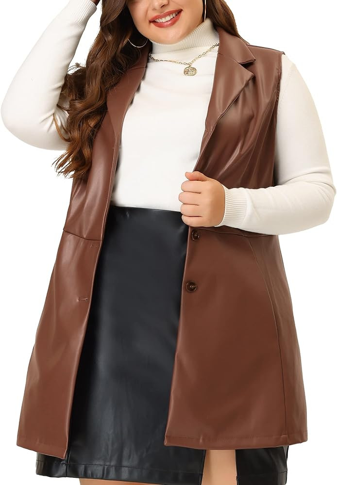 Agnes Orinda Plus Size Vests for Women Sleeveless Lapel Casual PU Jackets Vest | Amazon (US)