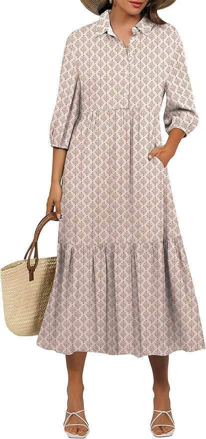 ANRABESS Women Casual 3/4 Puff Sleeve Polo V Neck Floral Printed Flowy Swing Loose Summer Boho Ma... | Amazon (US)