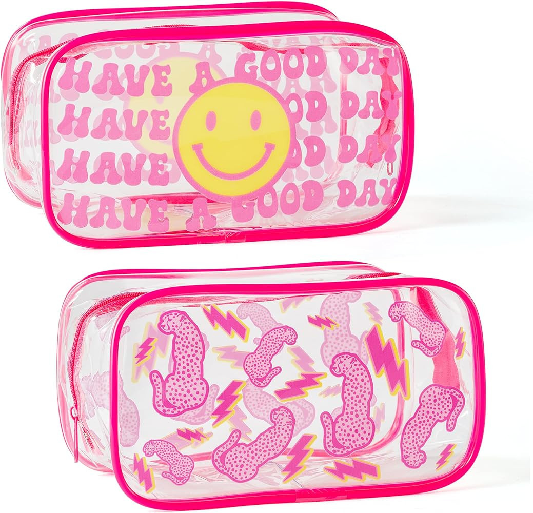 AccontOche 2Pcs Pink Preppy Clear PVC Cosmetic Bag Smile Leopard Lightning Print Transparent PVC ... | Amazon (US)