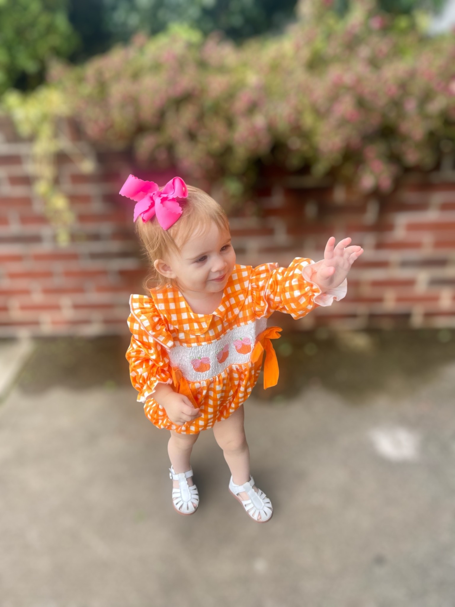 🎀 Sweet + Spooky toddler style! Caroline is ready for fall fun in this orange gingham smocked pumpkin romper 👩‍👧🍂 The ruffle details and bow accents make it perfect for Halloween photos, pumpkin patch visits, or family fall outings. I paired it with white toddler sandals 👟 and finished the look with a bright pink grosgrain hair bow 🎀 for a pop of color.

🛍️ Shop her exact look below – affordable Amazon finds that are festive, comfy, and picture-perfect for little girls this season.

✨ Outfit details:
	•	🎃 Baby Girl Halloween Pumpkin Gingham Romper
	•	👟 White toddler sandals (Felix & Flora)
	•	🎀 Pink grosgrain scalloped hair bow

Perfect for: pumpkin patch outfits, Halloween toddler style, affordable fall baby clothes, and family photo ideas 🍁📸


#LTKFindsUnder50 #LTKBaby #LTKKids