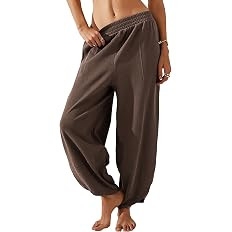 Himosyber Women Cotton Pants Wide Leg Pants Casual Loose Baggy Elastic Waist Beach Palazzo Harem ... | Amazon (US)