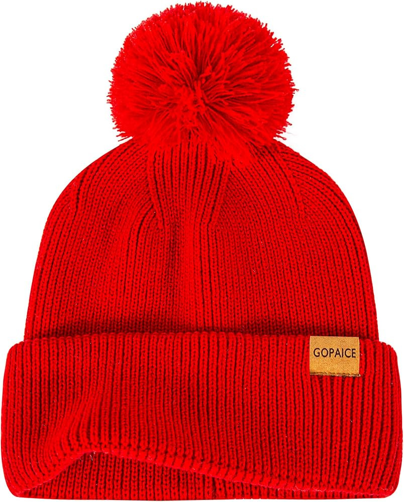 Womens Winter Knitted Beanie Hat, Knitted Soft Ski Cuff Cap with Pom Pom Warm Fleece Lined Hat | Amazon (US)