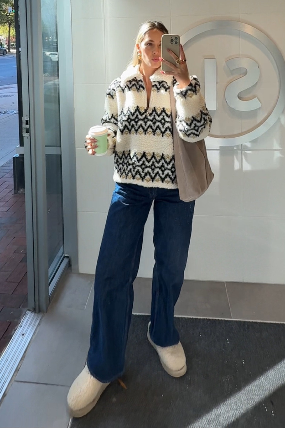 Sherpa half zip pullover sweater & loose jeans! All fits true to size 

#LTKFindsUnder100 #LTKStyleTip #LTKFindsUnder50