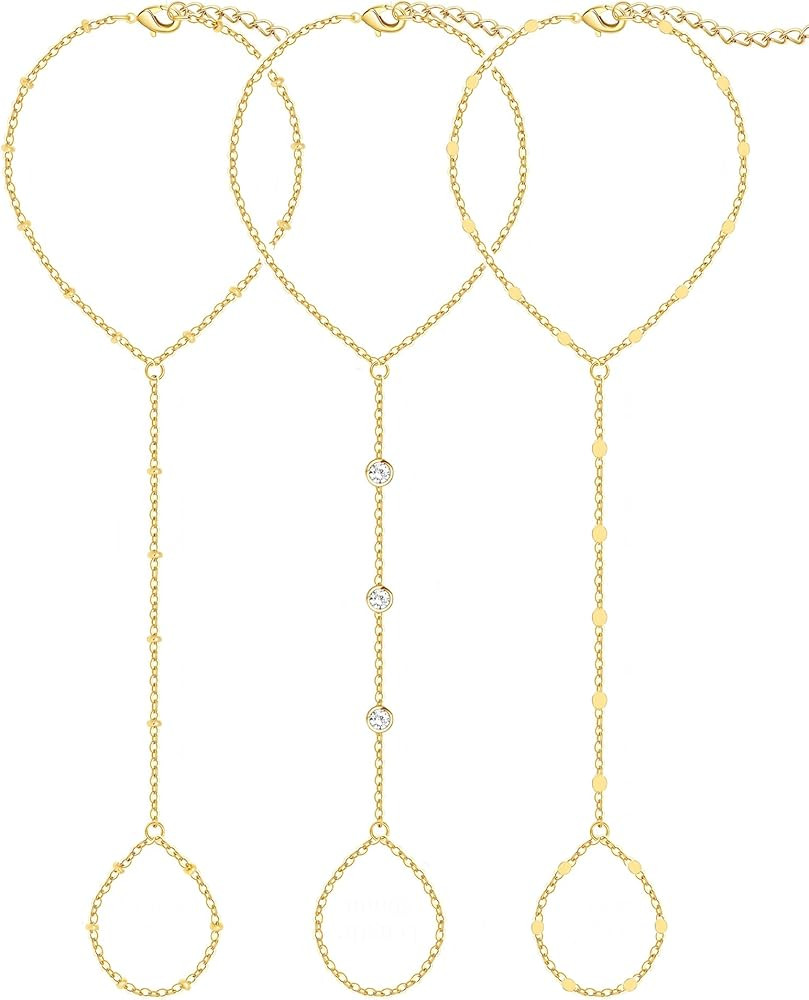 3PCS 14K Gold-Plated Hand Chain Bracelets for Women, Stack Bracelets Set Adjustable, Trendy Daint... | Amazon (US)