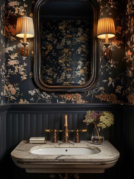 Half Bathroom Design Inspo! 

Marble floating sink | brass faucet | wallpaper | moody half bath | home decor | home design  

#LTKhome #LTKstyletip #LTKSpringSale