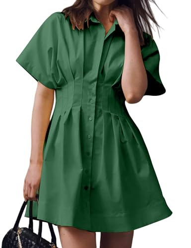 Dsewpaur Women Button Front Pleated Striped Shirt Dress Short Sleeve Pleated Blouse Mini Dress Dark Green | Amazon (US)