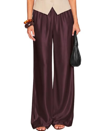 Satin Wide Leg Dress Pants Silk Flowy Long Trousers for Women | Amazon (US)