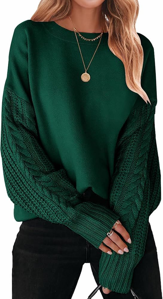 ZESICA Women's 2023 Fall Long Sleeve Crew Neck Solid Color Cable Knit Chunky Casual Oversized Pul... | Amazon (US)