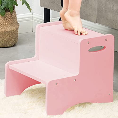 WOOD CITY Wooden Toddler Step Stool for Kids, Pink Two Step Children's Stool with Handles, Bonus Non-Slip Pads for Safety, Bathroom Potty Stool & Kitchen Step Stools Dual Height | Amazon (US)