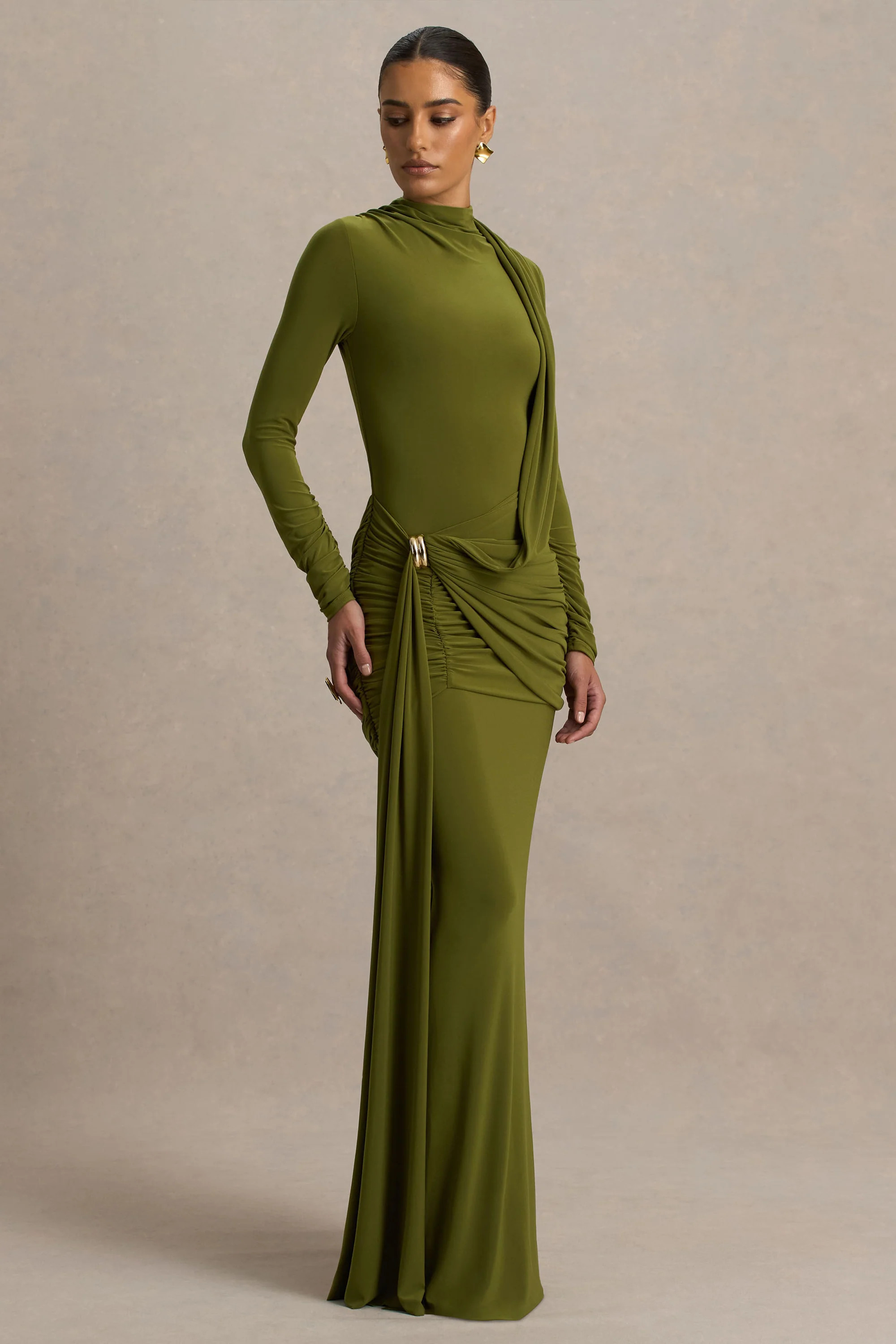 Melissa | Olive Long-Sleeve Wrap Maxi Dress With Draped Detailing | Club L London