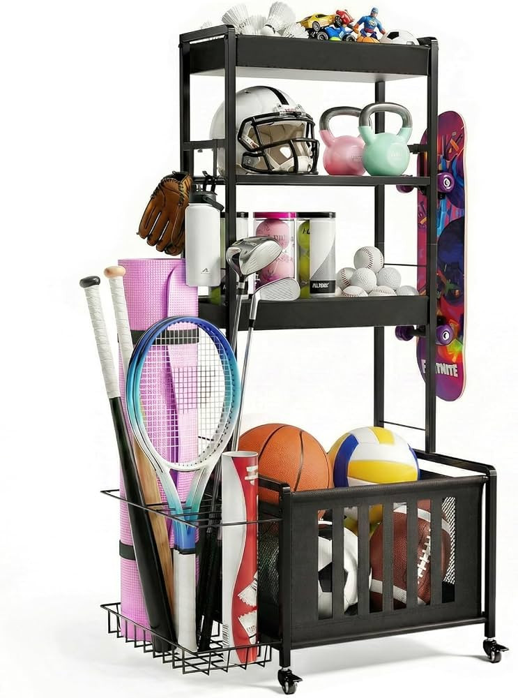 Faesun Sports Equipment Organizer, Ball Storage Rack for Garage, 4-Tier Indoor/Outdoor Rolling Ba... | Amazon (US)