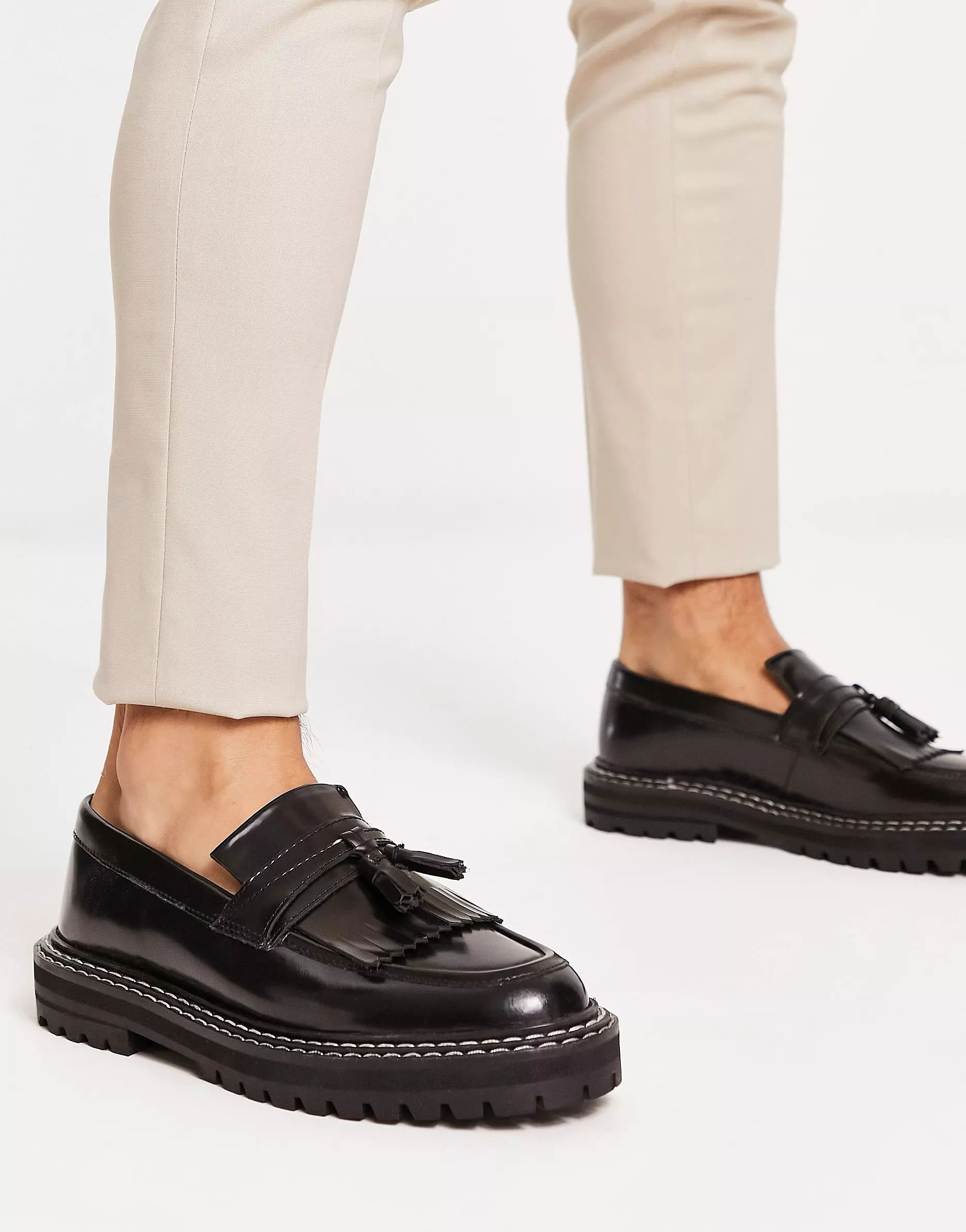ASOS DESIGN loafers in black leather with chunky sole and contrast stitch | ASOS (Global)